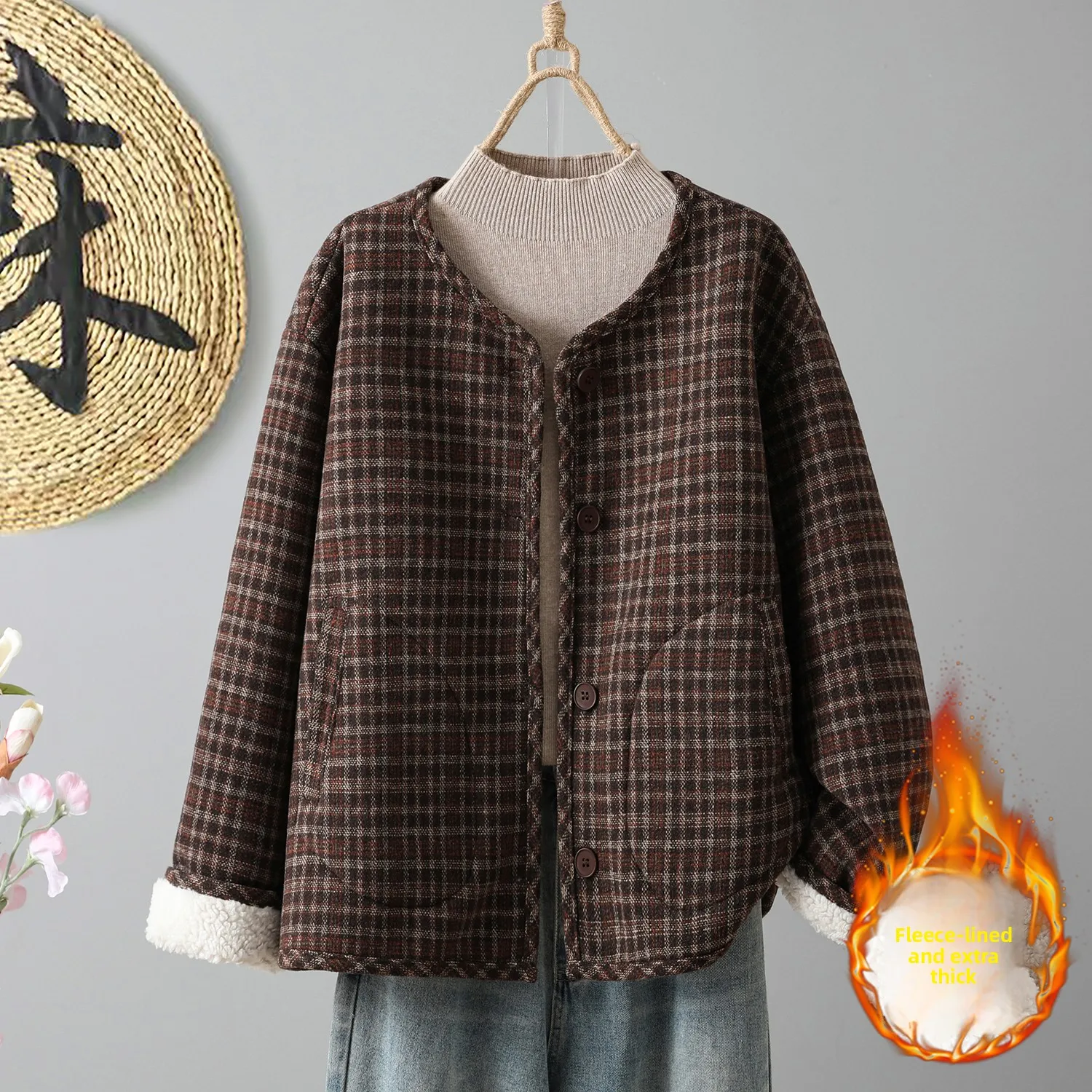

Thiened Winter Faion Plaid Woolen Warm Cotton Jaet Fce Lined Loose Retro round Need Coat for Women Commute Sle