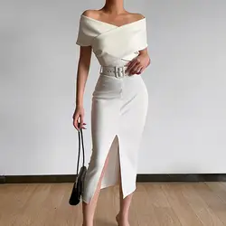 Abendkleid Gürtel Party kleid vorne geteilter Saum Slim Fit Abend Midi kleid