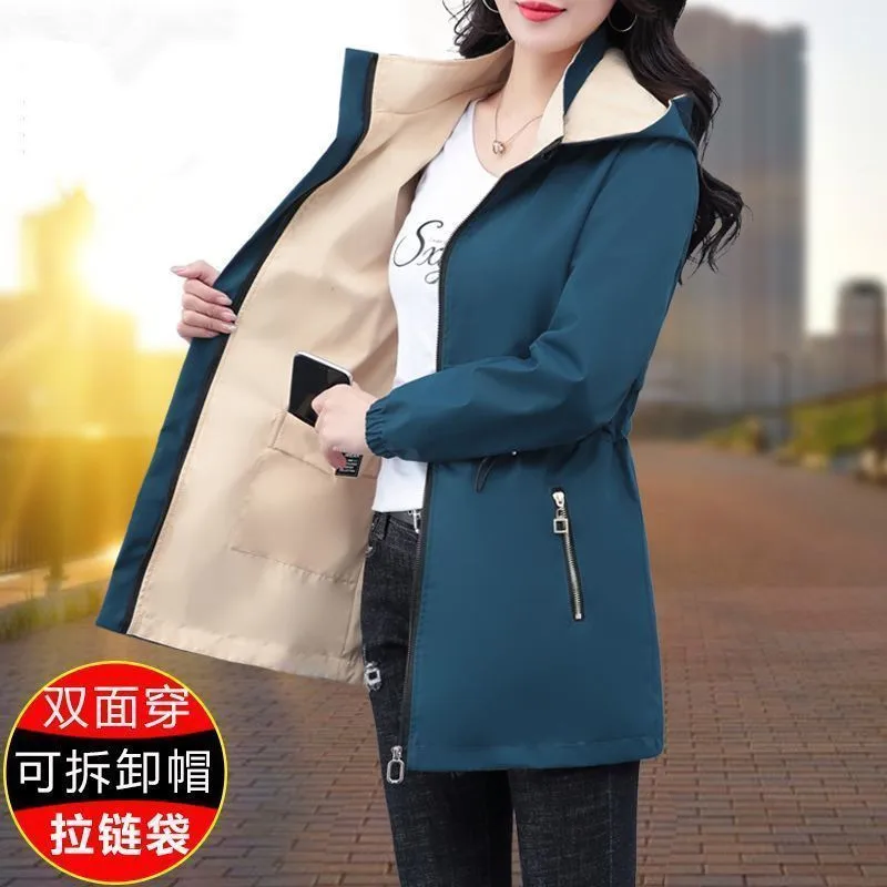 สองด้าน Trench Coat ผู้หญิง 2025 ฤดูใบไม้ผลิใหม่ฤดูใบไม้ร่วง Casual Hooded เสื้อผ้ากลางความยาว Windbreaker หญิงหลวม ...