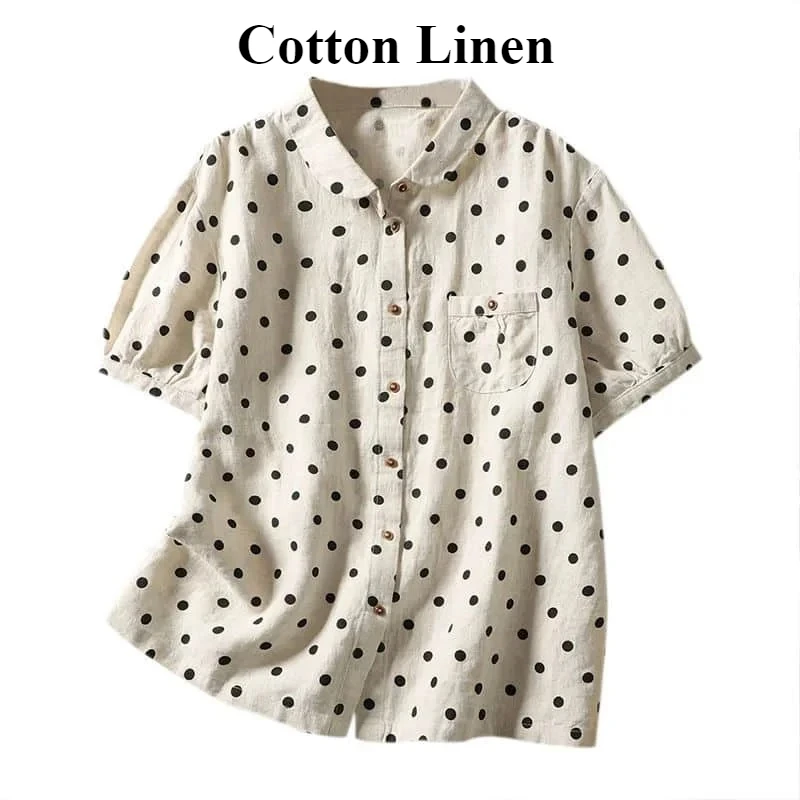 

Cotton Short Sleeve Shirts for Women Dot Printed Doll Collar Vintage Blouses Loose Casual Korean Single Breasted Shirt Women Top