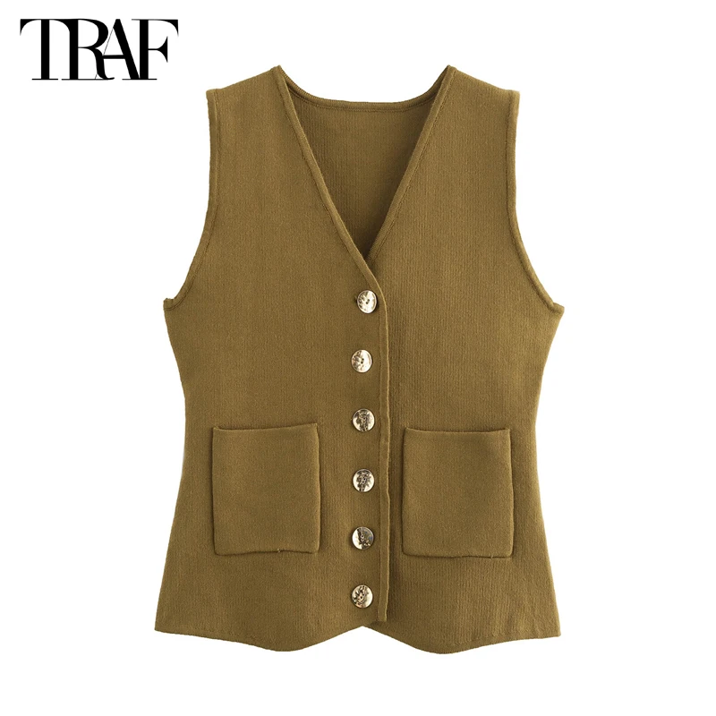 TRAF 2024 Knitted Sleeveless Vest Women Golden Button Waistcoat Autumn Knit Vests for Women Sweater Knitwears Vest Top Women