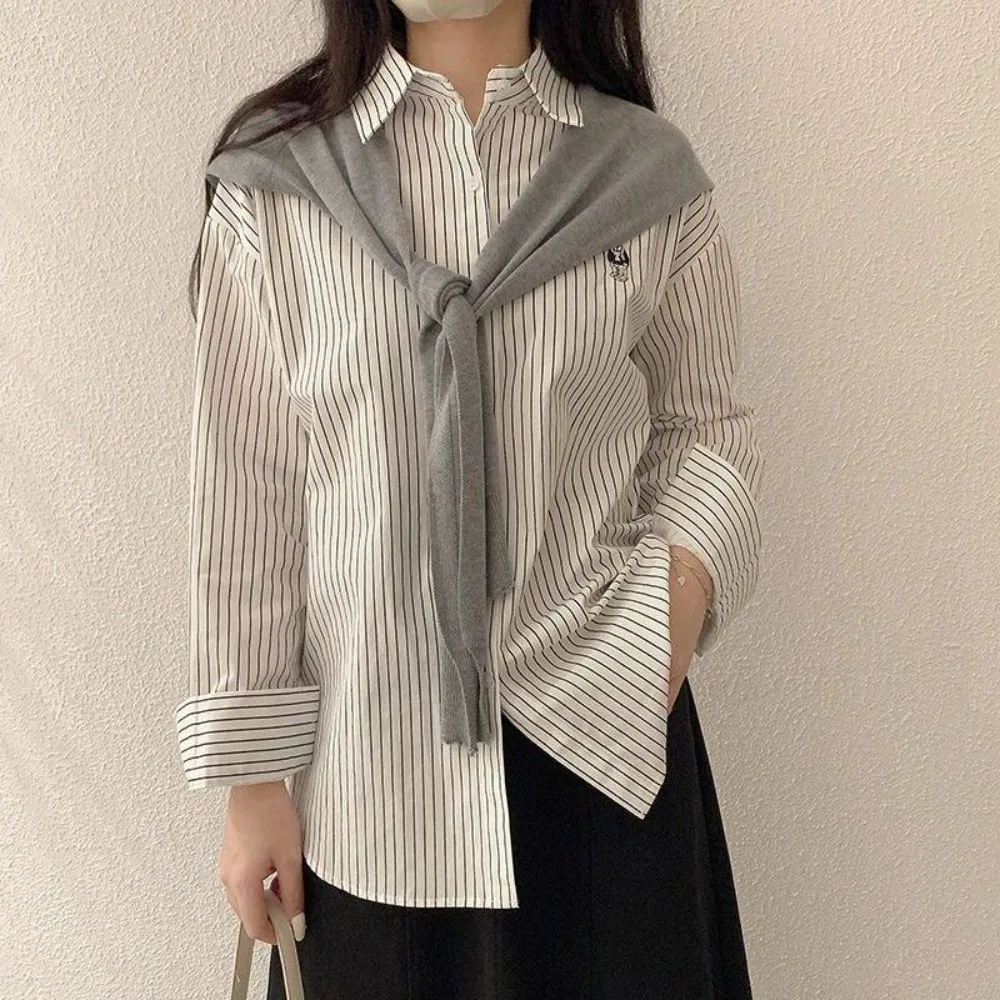 

Chic Y2K Striped Shirts Women Embroidery Bear Button Up Two Pieces Shirts Set Loose Outfits Knitted Shawl Shirts Female
