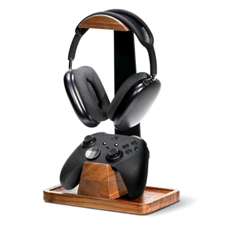 

Headset Stand with Gaming Controller Holder, Walnut Wood Headphone Stand with Storage Base, Gaming Equipment Accessories for De