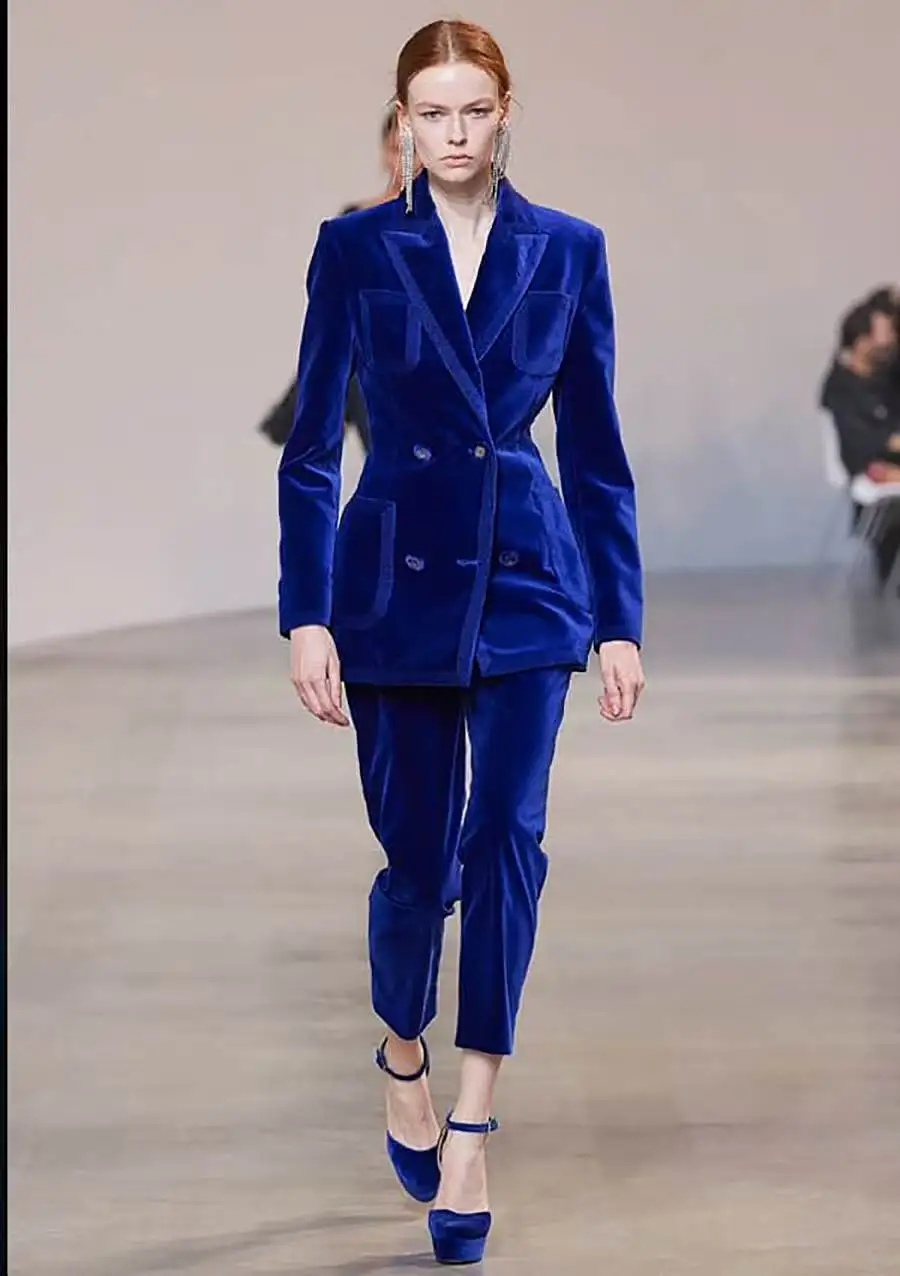 

Blue Velvet Women Suit Set 2 Pcs Blazer+Pants Autumn Winter Formal Office Lady Jacket Customized Wedding Tuxedos Prom Dress