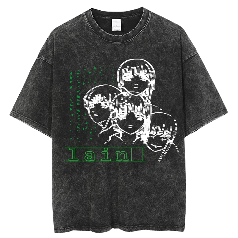 Anime Serial Experiments Lain Washed Tshirt Harajuku Streetwear Men Women T Shirt Cotton Casual Short Sleeve T-shirts Tops