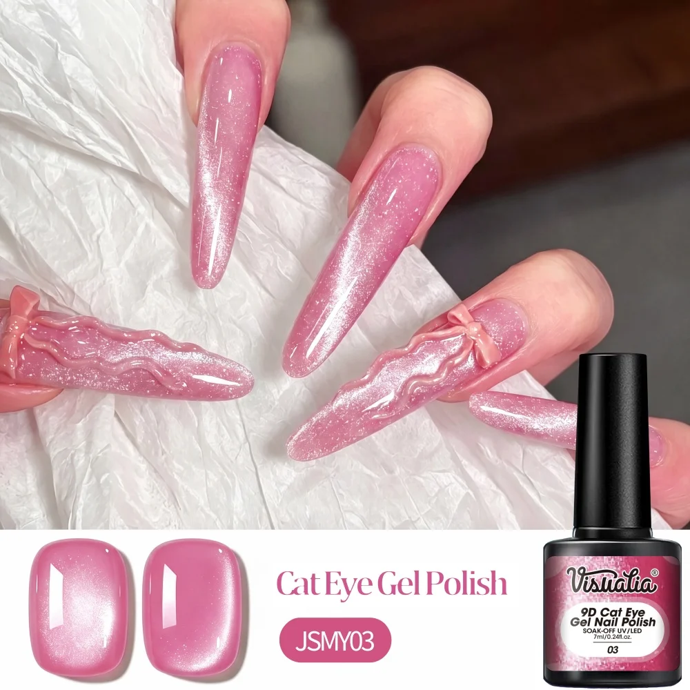 Visuatia 9D Crystal Cat Eye Gel Polish features a sweet peach pink base color paired with fine silver-white magnetic powder. When cured under a lamp, it easily creates a transparent, high-gloss cat eye effect. The gel is smooth and easy to apply, suitable for both home DIY manicures and professional nail salons.