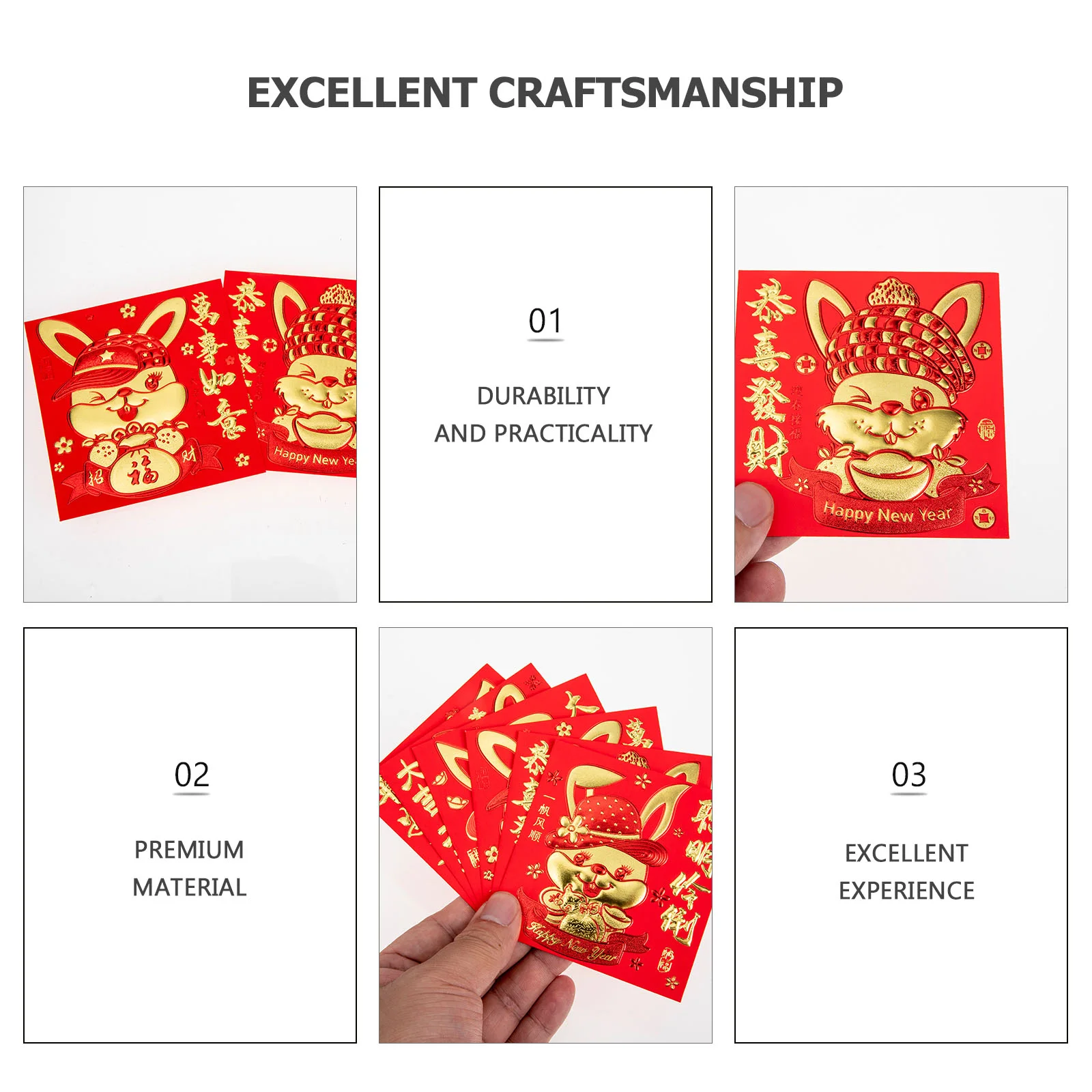 Enveloppes du Zodiaque Chinois du Lapin, Paquets Rouges, Nouvel An, 66 Pcs, 2023