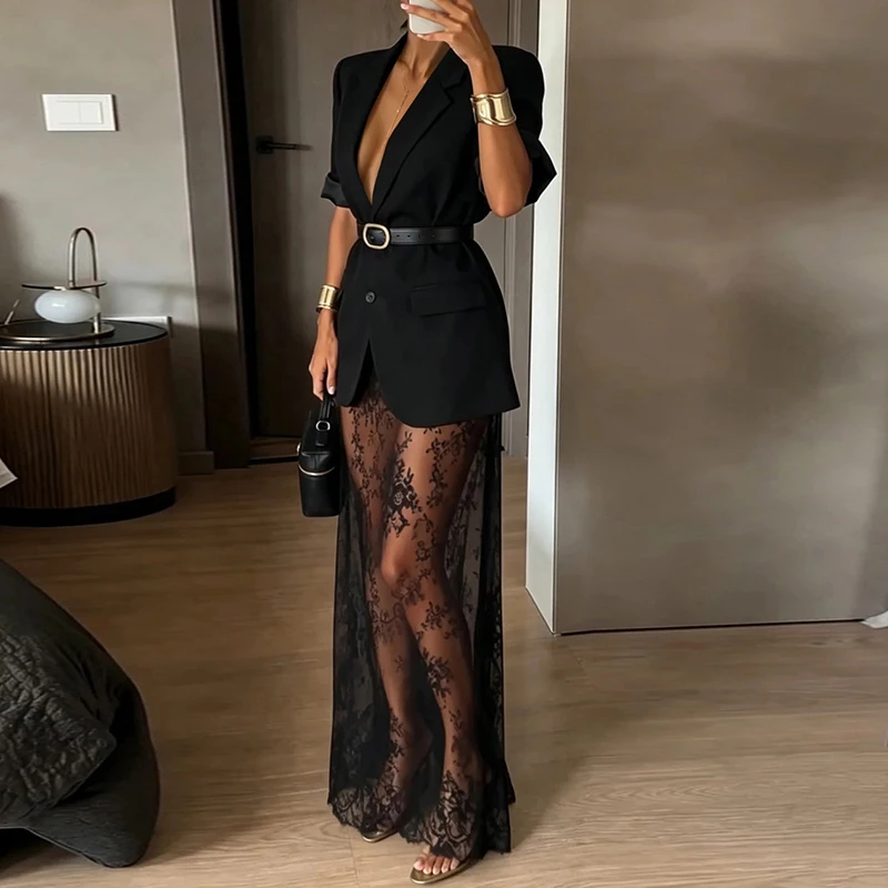 Lady V-neck See-through Skirts Vacation Set Elegant Solid Slim Outfit French Style V-neck Long Sleeve Jacket And Lace Skirts Set