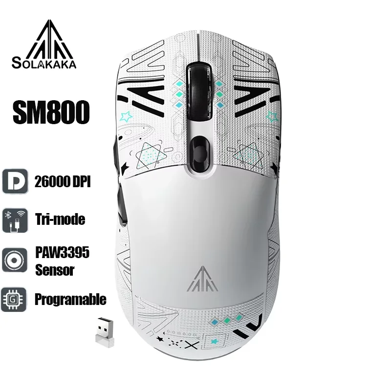 

SOLAKAKA SM800 PAW3395 Sensor Wireless Gaming Mouse Bluetooth/2.4G Wireless Mouse Macro Buttons 26000DPI Esports Grade Mice