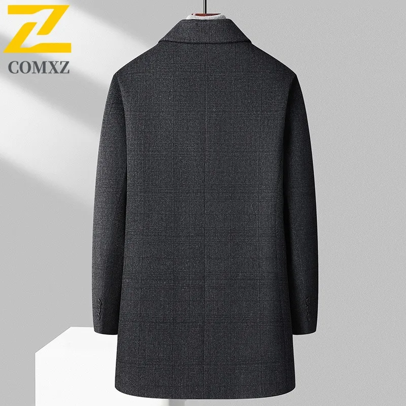 COMXZ Premium Men Wool Jacket Mid Length Business Casual Trench Coat 2025 New Korean Style Detachable Down Lining Wool Outerwear