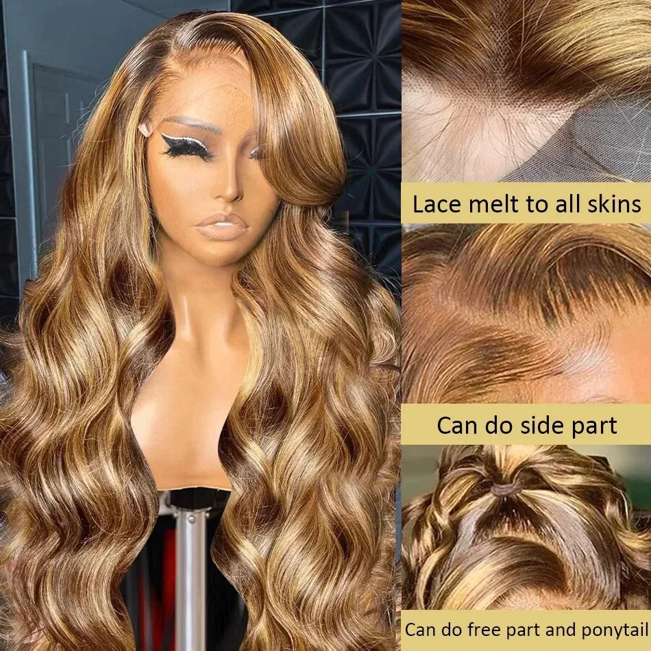 4/27 Highlight Körperwelle Perücke Echthaar 13x4 Lace Frontal Perücken Farbige Highlight Ombre Braun Echthaar 13X6 Lace Frontal Perücke