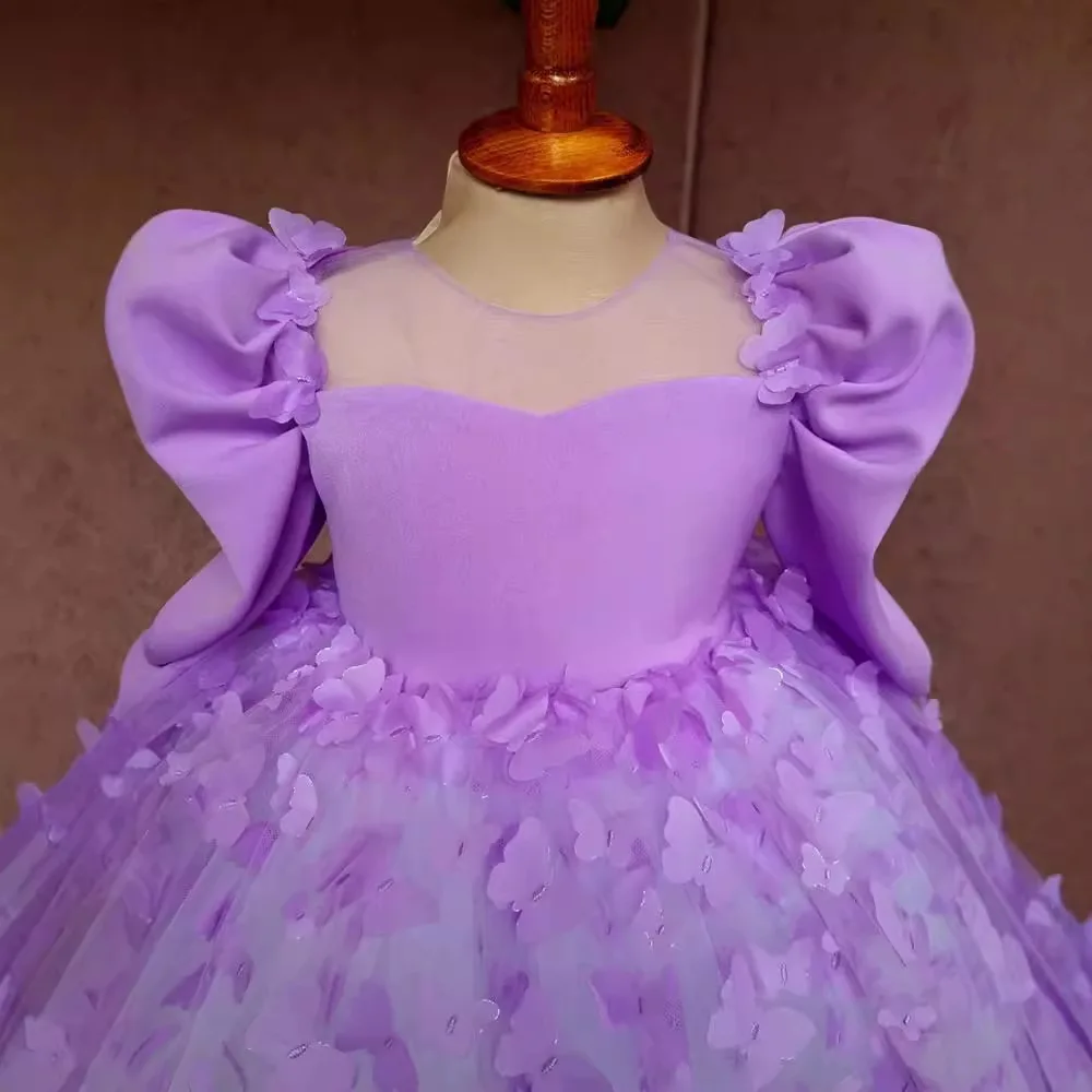 Vestido tutú de princesa morado para niña, vestido de fiesta de 1er cumpleaños con cuentas y lazo grande de manga larga para niña pequeña