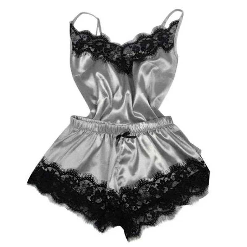 New Women\'s Pajamas Silk Sexy Pajama Set Black Lace V-Neck Pajama Suspender Top and Shorts Lace Pajama Set Home Underwear Dress