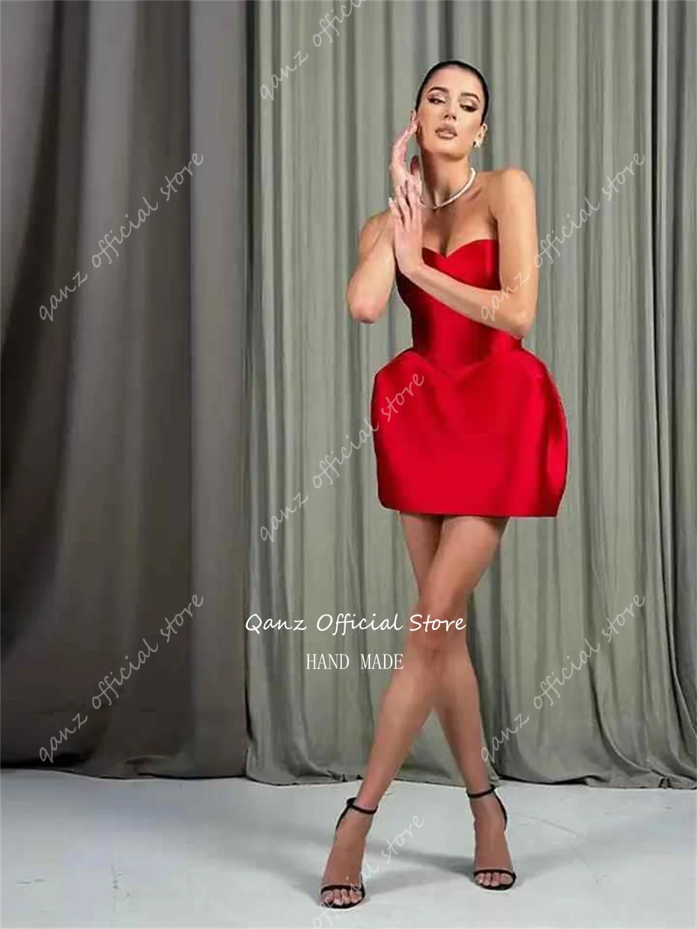 Qanz Short Evening Dresses Red Satin Sexy Prom Gowns Sweetheart Mini Club Party Dresses Vestidos De Gala 2024 Customized