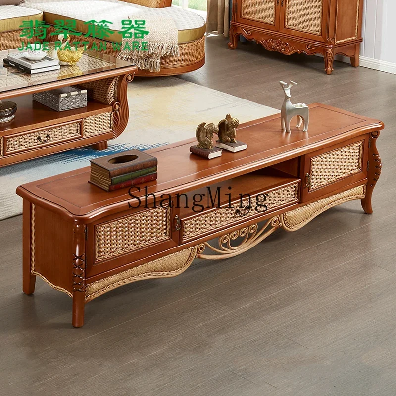 

CL solid wood TV cabinet, floor cabinet, living room storage, cane short drawer cabinet