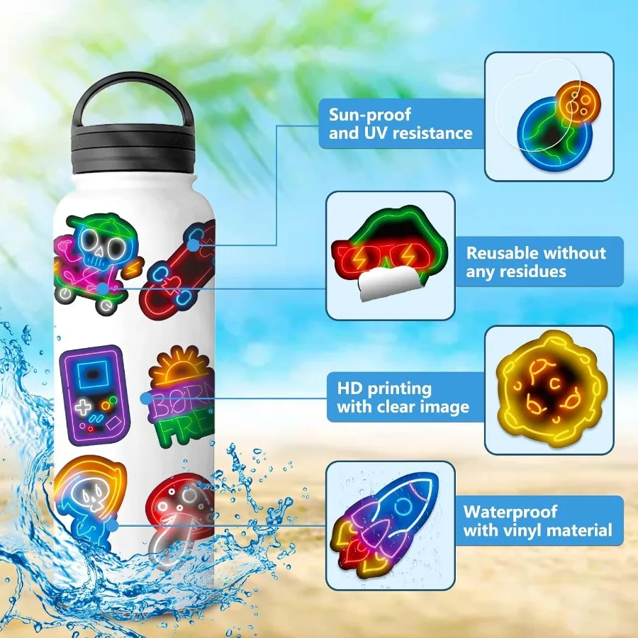 100 قطعة من ملصقات النيون اللطيفة الرائعة لمكافآت الفصول الدراسية ملصقات الفينيل المقاومة للماء مثالية لزجاجات المياه وأجهزة الكمبيوتر المحمولة وسكرابوكينغ Sk