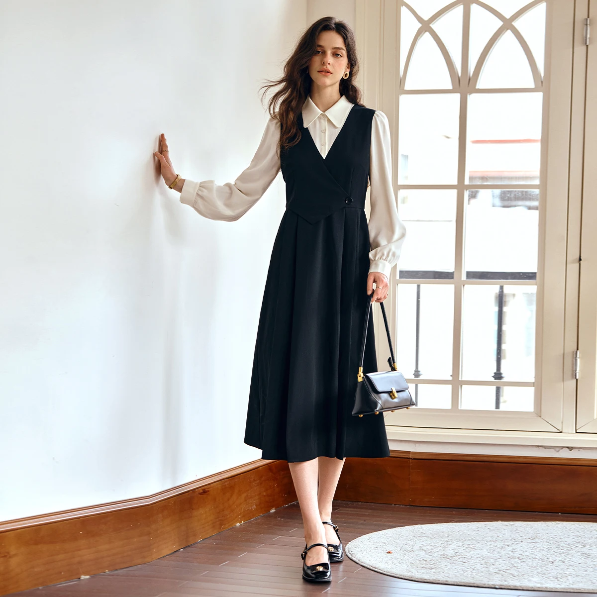 

OLrain Women's Mock Two-Piece Dresses 2025 Autumn New Long Sleeve Dress Elegant Commute Female Shirt Collar Dress O57QL000832