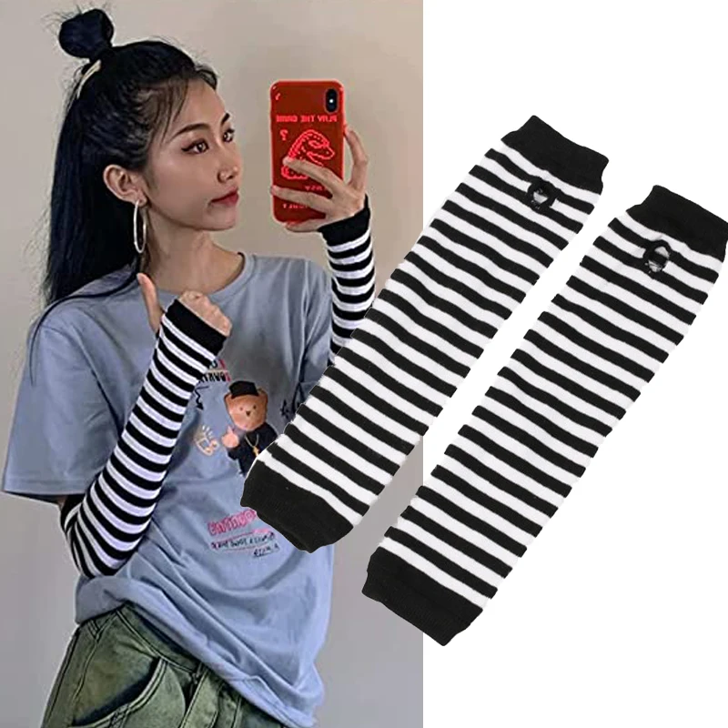 Autumn and Winter Women Anime Black White Striped Elbow Gloves Warmer Knitted Long Fingerless Arm Gloves Mittens Christmas Gift