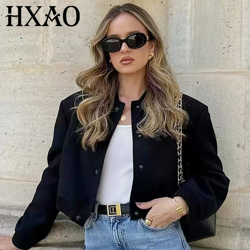 

HXAO Women's Bomber Jacket Autumn 2025 Crop Soft Tweed Outerwears Black Grey Khaki Beige Darkgrey Jacket Long Sleeve O-Neck Coat