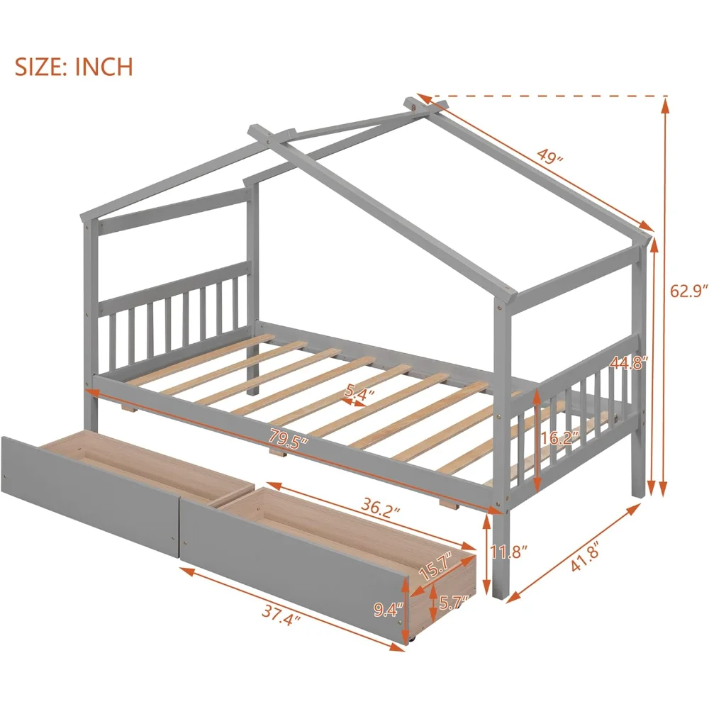 

Modern Twin Size House Bed for Kids, Montessori Bed Twin Size Platform Beds Frame with 2 Drawers, Headboard and Footboard