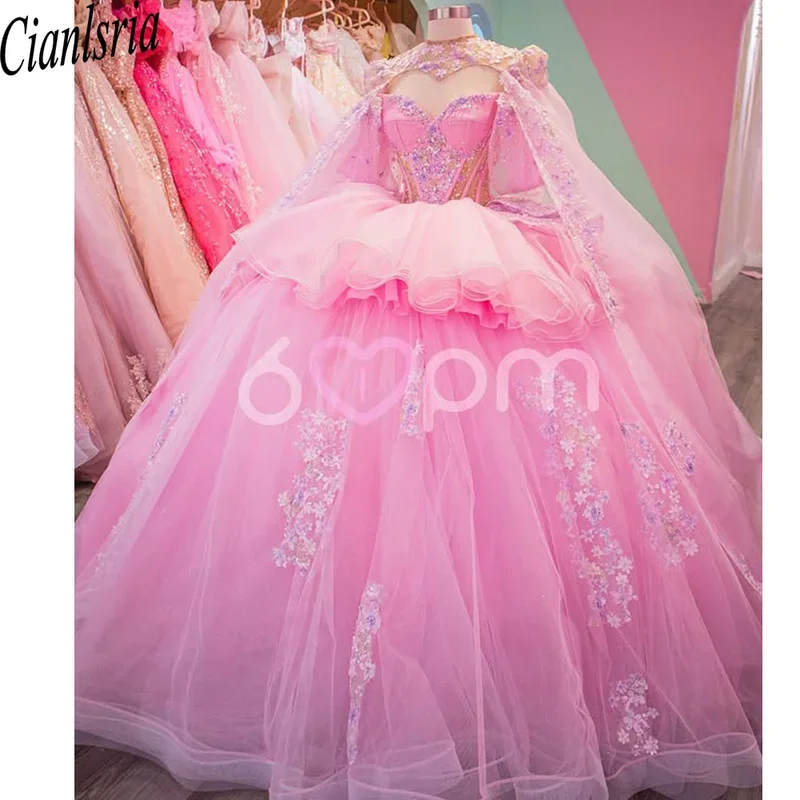 

Luxury Pink Ball Gown Quinceanera Dresses With Appliques Sweet 16 Vestidos De 15 Años