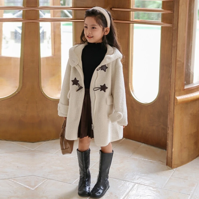 Girls Woolen Coat Overcoat Jacket Windbreak 2023 Beige Warm Plus Thicken Winter Cotton Teenagers Outwear Children's Clothing