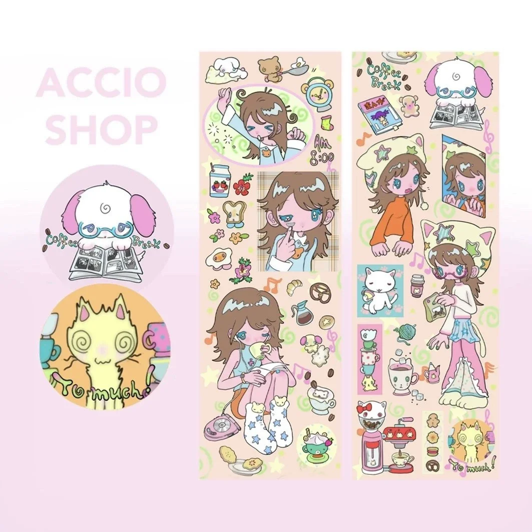 Folhas de Adesivos de Meninas Anime Pintadas à Mão, Decoração Não em Rolo para Scrapbook e Artesanato