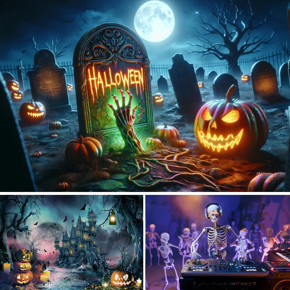 

Halloween Photography Background Horror Night Moon Night Scary Cemetery Pumpkin Lantern Spooky Party Backdrop Photo Studio Props