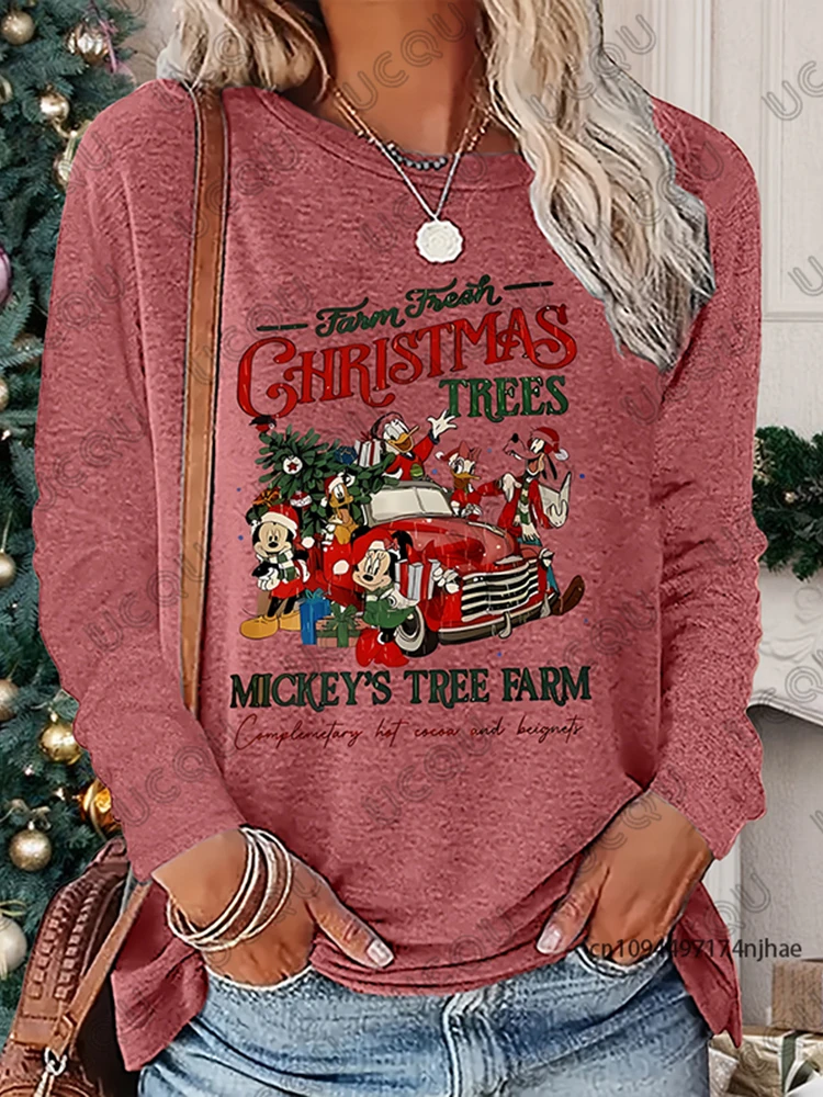 عيد الميلاد ميكي ميني ودونالد داك السيارات الحمراء طباعة الخريف طويلة الأكمام تي شيرت للنساء عادية تيز المتضخم زوجين القمم