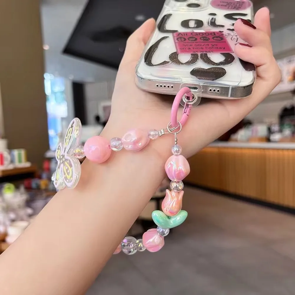 Durable Tulip Phone Charm Strap Graffiti Butterfly Acrylic Purse Bag Pendant Phone Lanyard