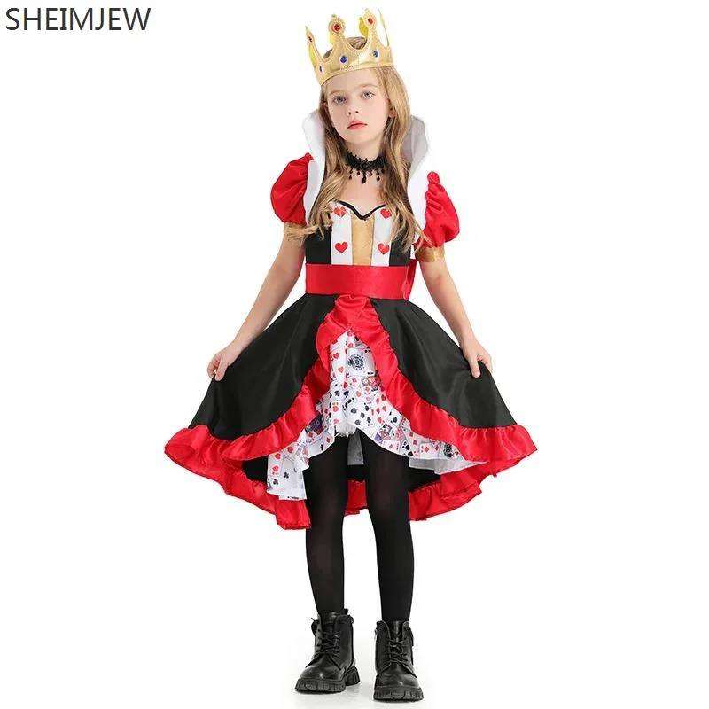 New Poker Queen Cosplay Costume For Kids Girls Alice In Wonderland Peach Heart Queen Poker Printed Dresses Carnival Party Dress