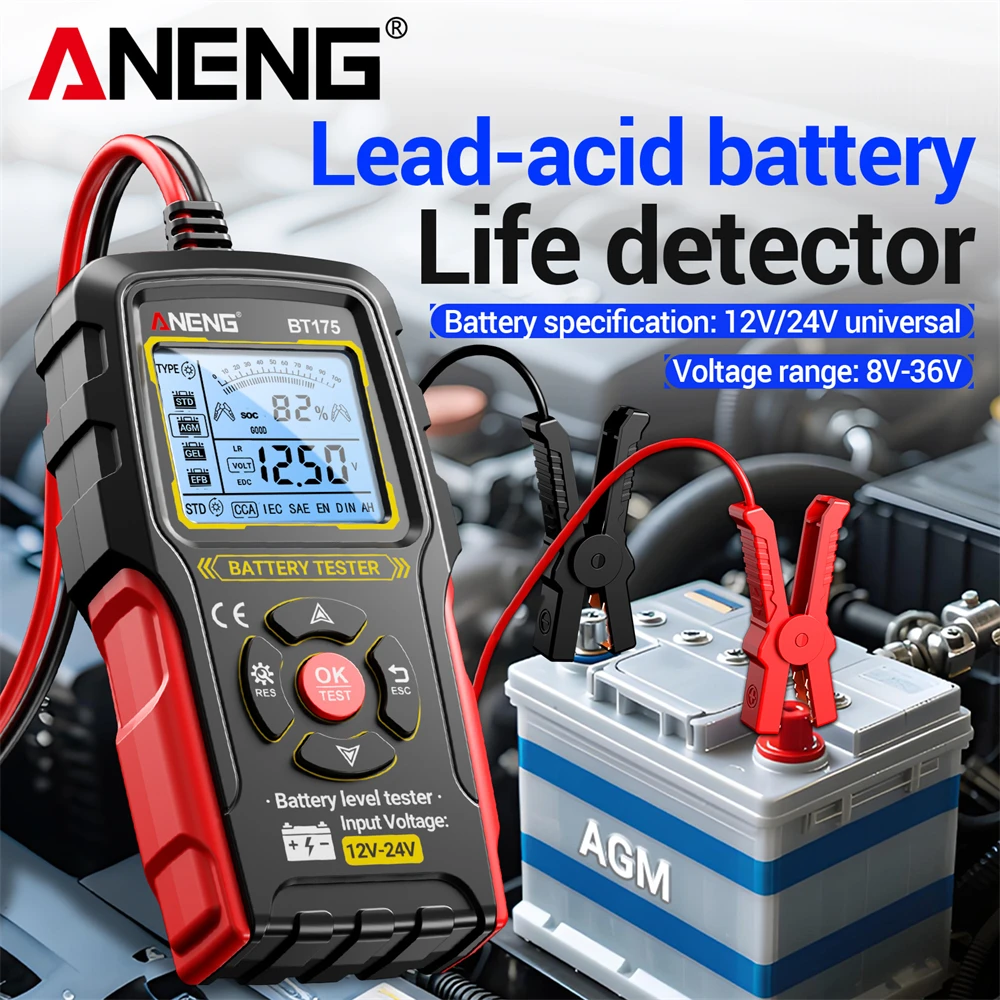 자동차 납산 배터리 테스터 12V 24V 발전기 분석기 디스플레이 화면 ANENG BT175 절연 악어 클립 도구 포함