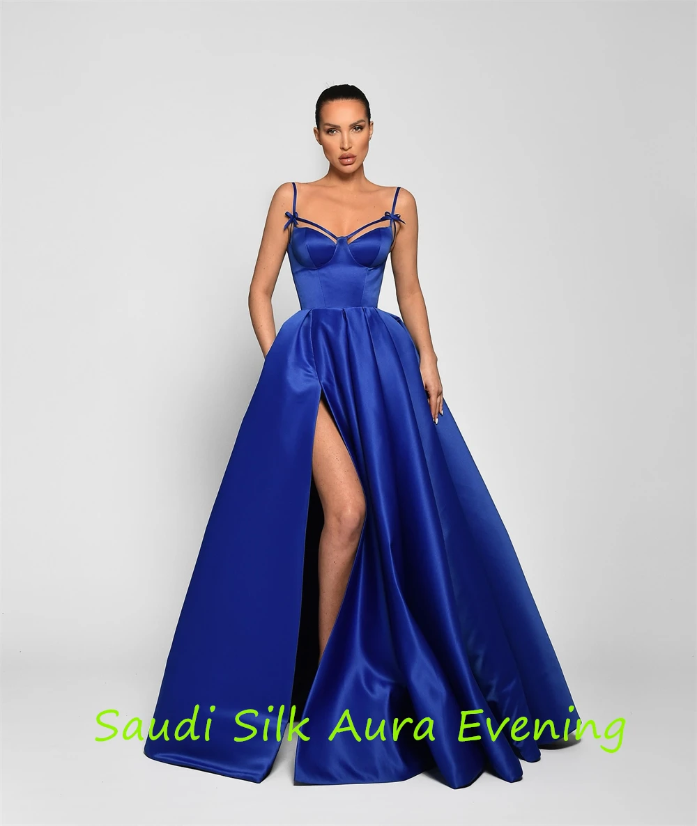 Customized Customized Delicate Navy Blue Satin Evening Dress Square Collar Spaghetti Straps Sleeveless Homecoming Dress Bow Part