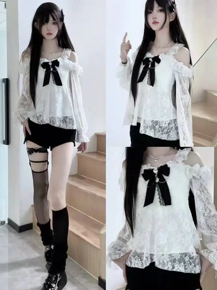 Retro Gothic Schleifenrock-Anzug Damen Japanisches Lolita-Hemd Design Hochgeschnittener Schlanker Minirock Harajuku Y2k 2-Teiliges Set Chic