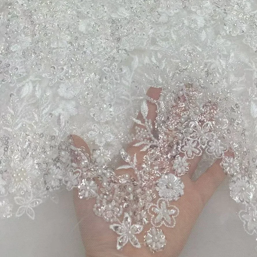 

Elegant White Floral Lace Fabric 2025 French Beaded Luxury Lace Embroidery With Sequins For Sewing Clothes Dresses