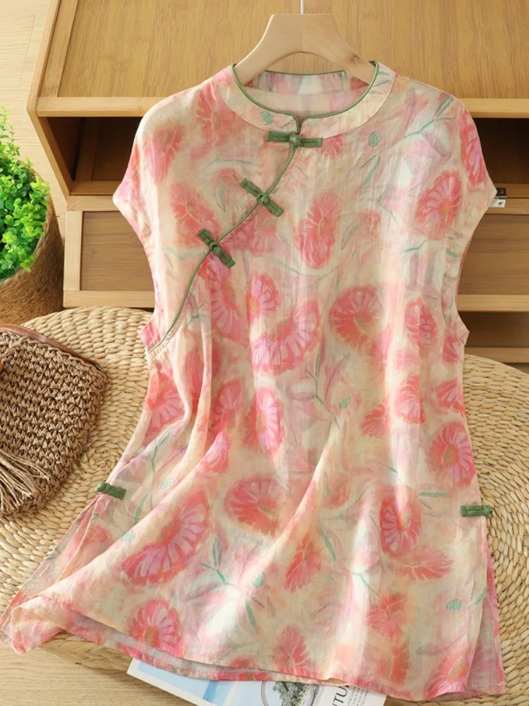 

Retro Pink Flax Print Sleeveless Shirt Women Summer Fashion Age Reduction Color Block Thin Cotton Linen Fly Sleeve Top