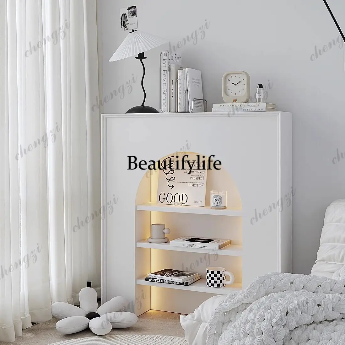 French Fireplace Decorative Cabinet White Shelf with Light Arch, Scene, Living Room Display Narrow Cabinet
