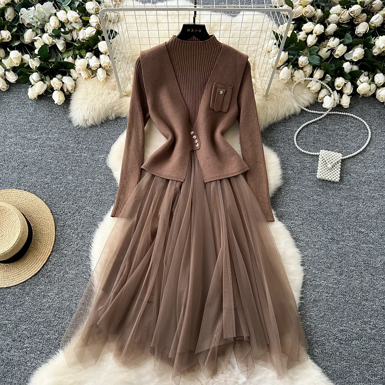 French Vintage Two Pieces Sets Long Sleeve High Collar Vest with Mesh Sweet A-line Chic Patchwork Women Autumn Dresses