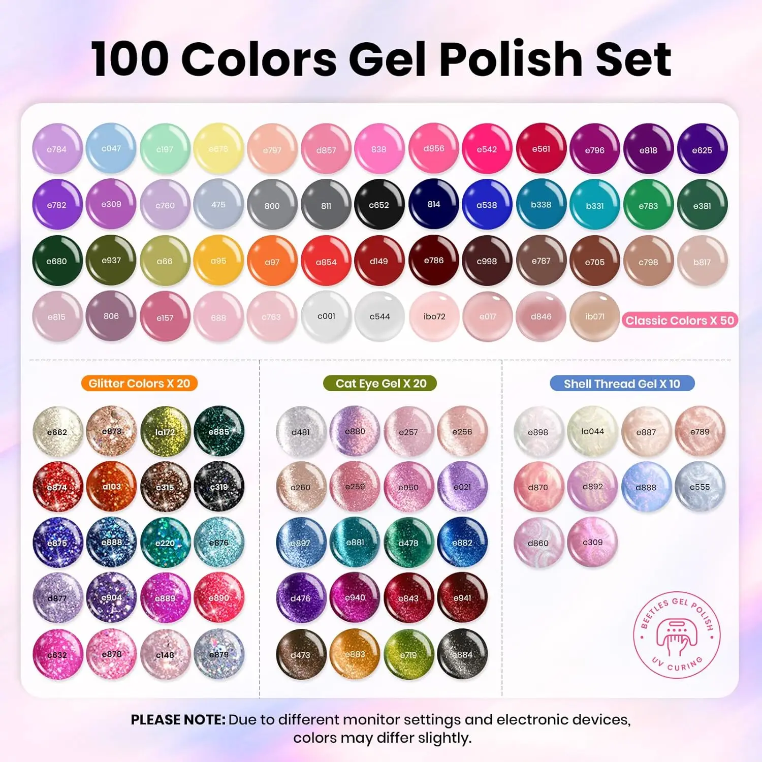 Kit de vernis à ongles gel 119 pièces avec 100 couleurs, base, manteaux de finition et outils pour femmes – durcissement UV/LED
