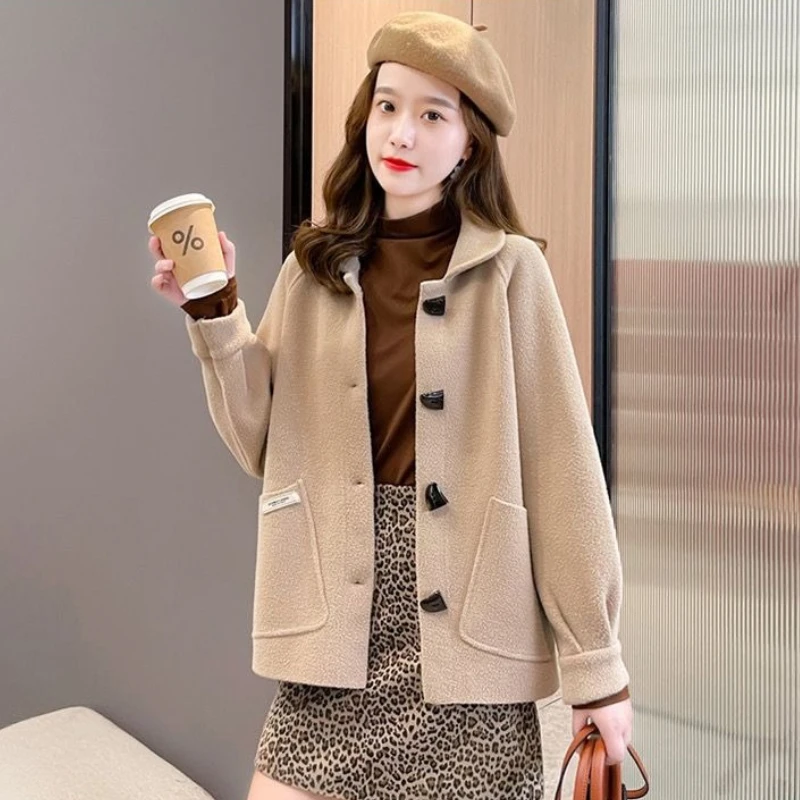 

Осеннее женское шерстяное пальто с пуговицами из коровьего рога, свободная куртка для миниатюрного кроя, модный открытый кардиган для весны, универсальный для похудения