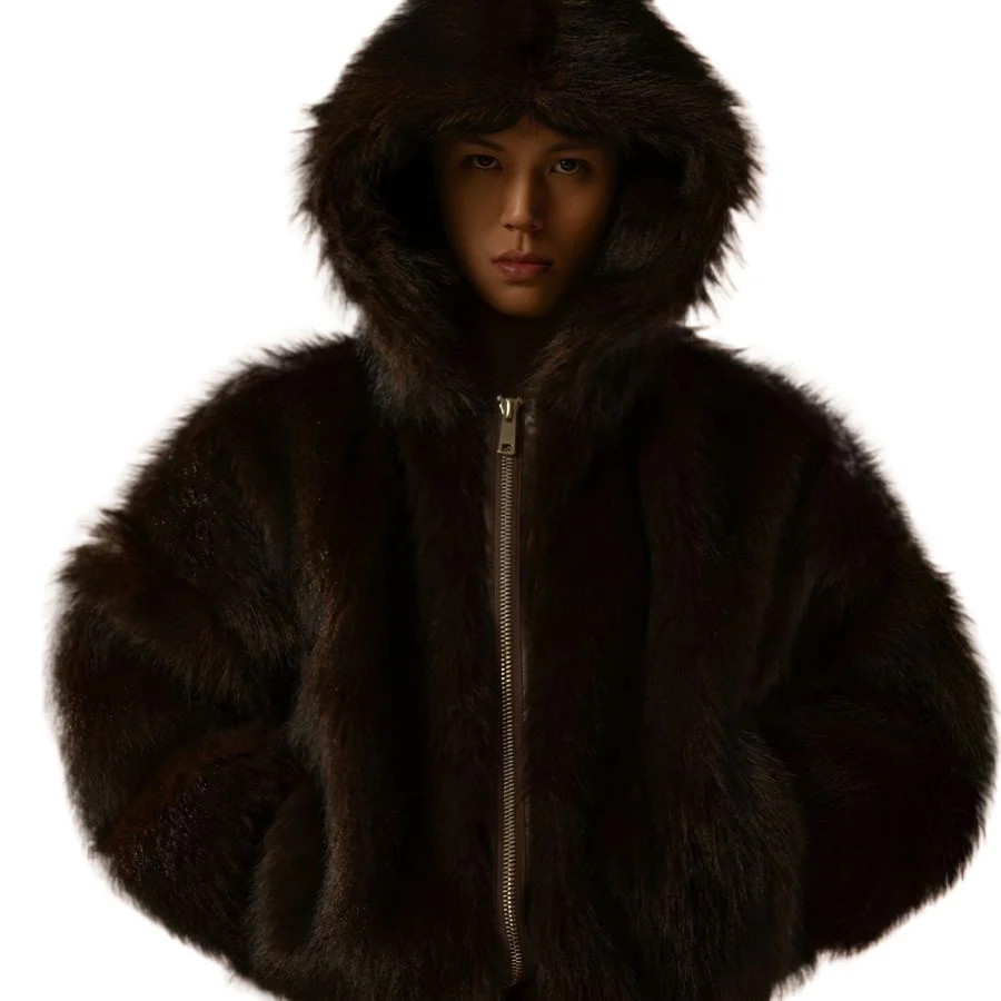 Men's Winter Warm Faux Fur Jacket Hooded Windproof Fur Overcoat Thick Thermal Jacket Fashion Luxury Coat Outerwear