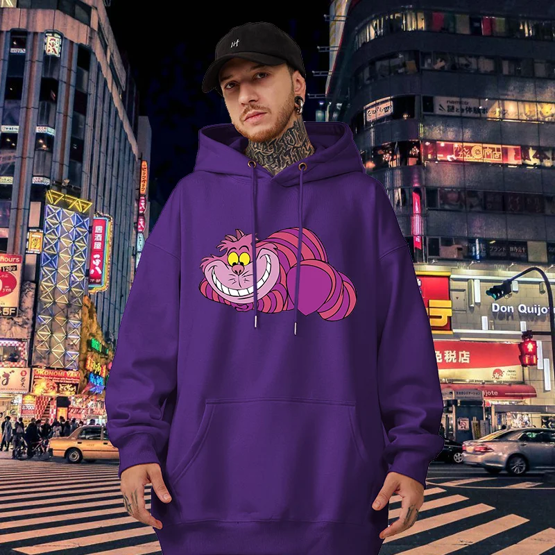 Sudaderas con capucha con estampado de gato de Cheshire de Disney para hombres y mujeres, sudaderas con capucha populares de Alicia en el país de