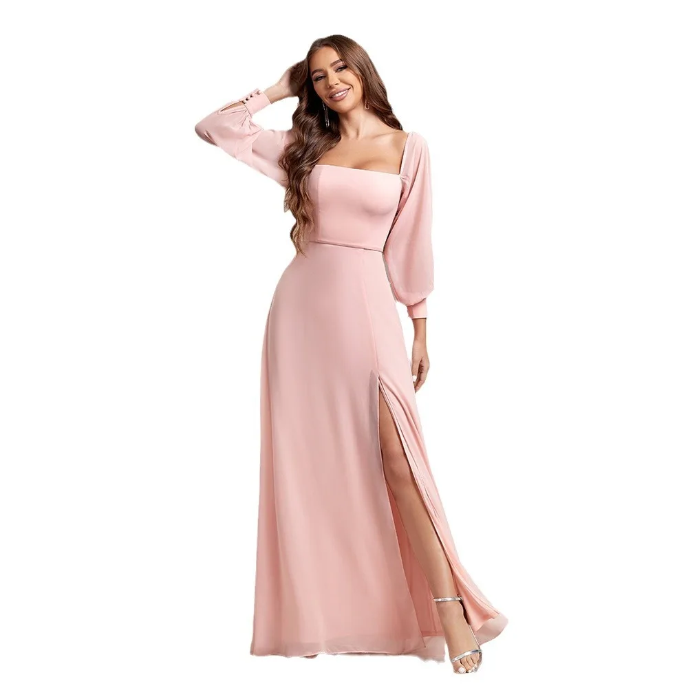 

Elegant Square Neck High Split Long Chiffon Formal Evening Dress With Long Sleeves