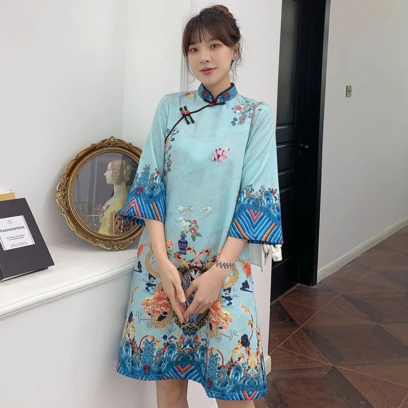 

New Chinese Style Vintage Short Sleeve Qipao Dress Women Hanfu Loose Big Sleeve Cheongsam Dress Floral Printing Qipao