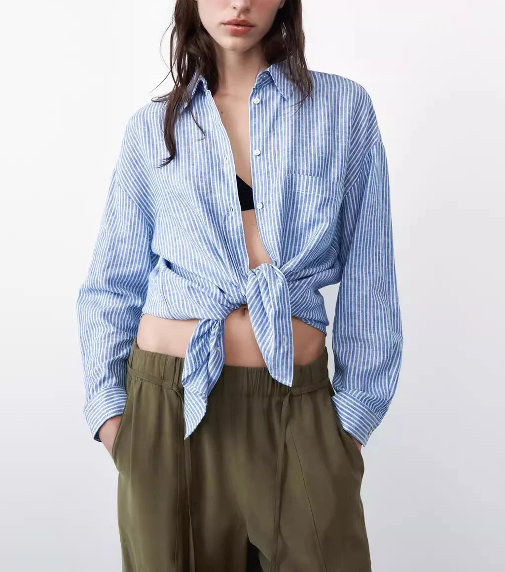 Wiosna Lato Nowy Luźny Krój Paski Mieszanka Lnu Kołnierzyk Długi Rękaw Damska Moda Klasyczna Uniwersalna Codzienna Koszula