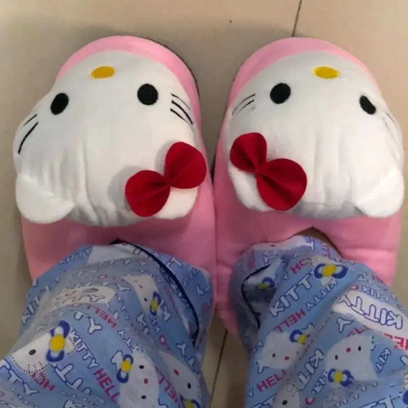 Sanrios Hello Kittys Big Head Plush Slippers Winter Cartoon Y2K Cotton Shoes Plush Shoes Student Dormitory Bag Feet Cotton Shoes