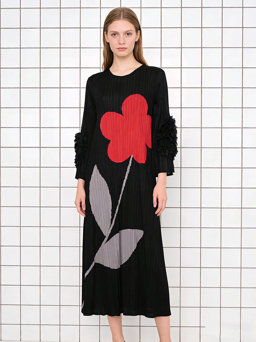 Ele Long A-Line Dr con gonna a pieghe Bell Sve round Ne Cross-Border plus Size Stampa floreale da donna Vestibilità ampia Dr