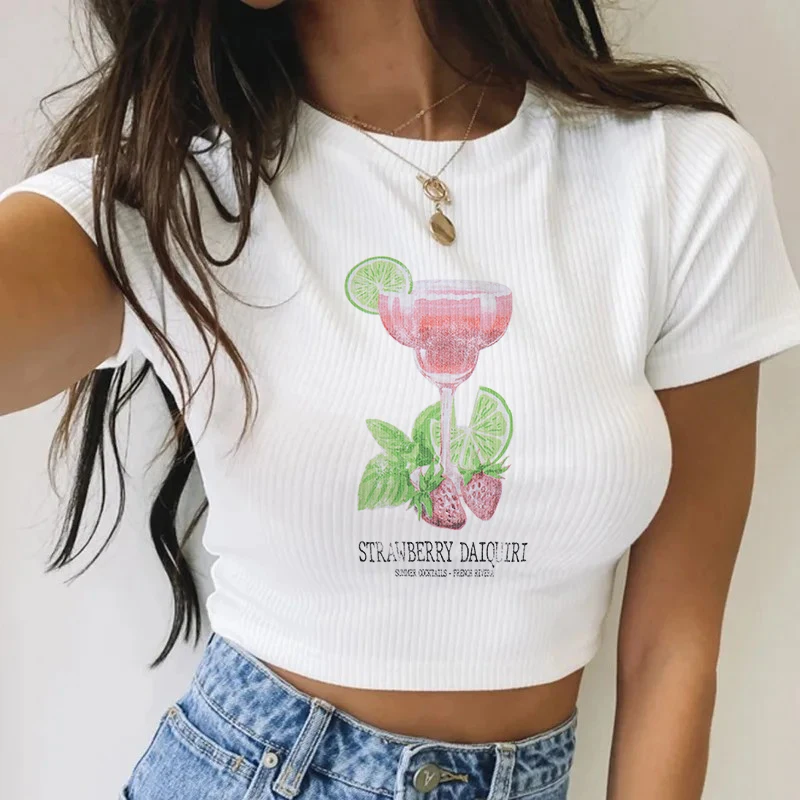 Y2k Aesthetics Harajuku Cocktail Cup Print Design Graphic T-shirt Summer Fashion Women Sexy Slim Crop Tops Goth Style Baby Tees