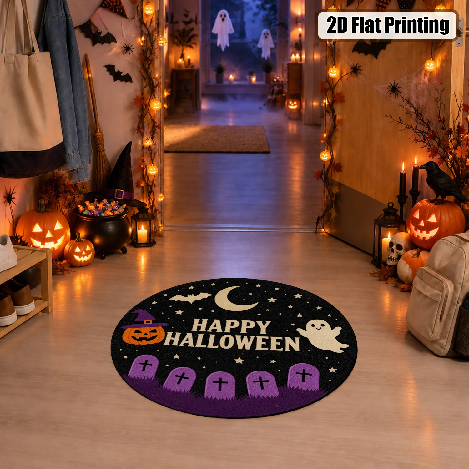 Halloween Pumpkin Ghost Bat Moon Tombstone Star Pattern Round Velvet Mat Machine Washable for Entryway Living Room Bedroom Ideal for Halloween Thanksgiving Black Friday Christmas New Year
