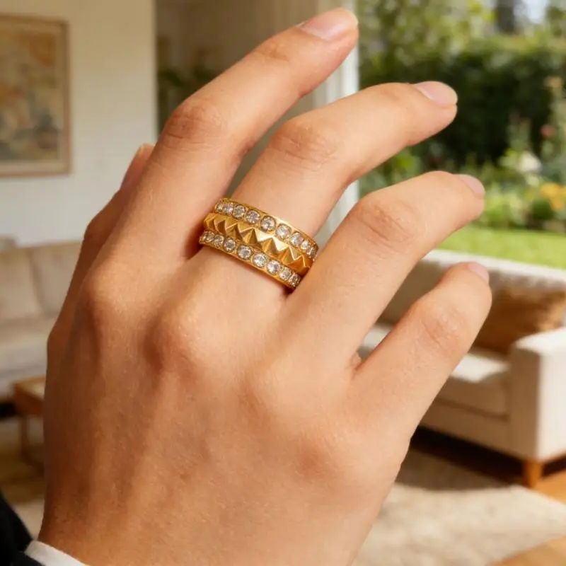 Diamonds Decorated Pyramid Rings Sturdy Stainless Steel Jewelry For Weddings And Everyday Use